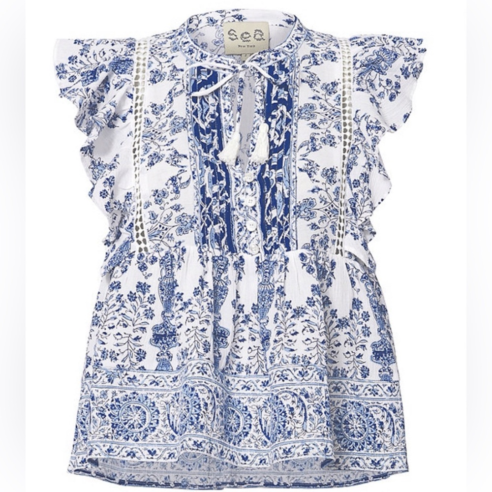 Sea New York White and Blue Printed Ruffle Sleeve Top